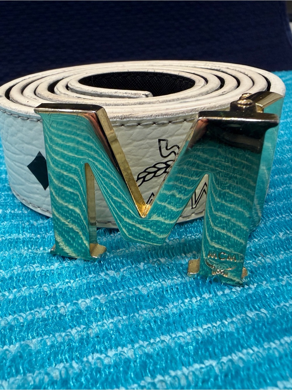 MCM White Leather Belt with Gold-Tone M Buckle
